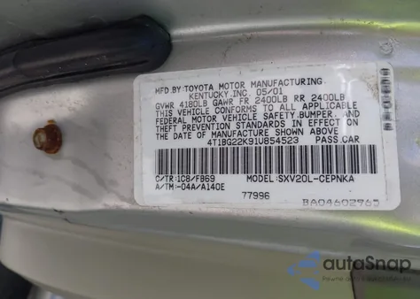 2001 Toyota Camry Le from USA, damaged, VIN 4T1BG22K91U854523